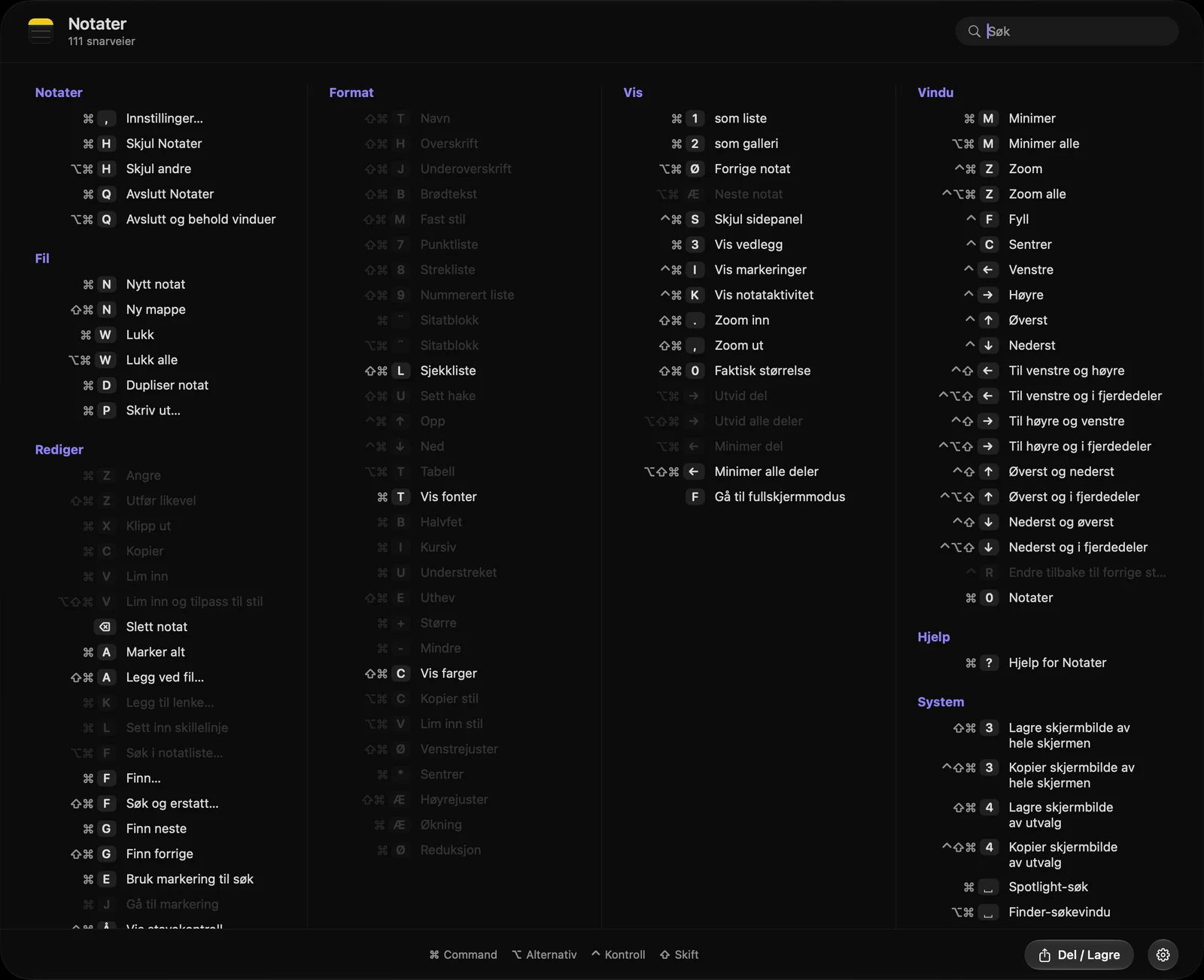 Notater: Examples of shortcuts in popular apps